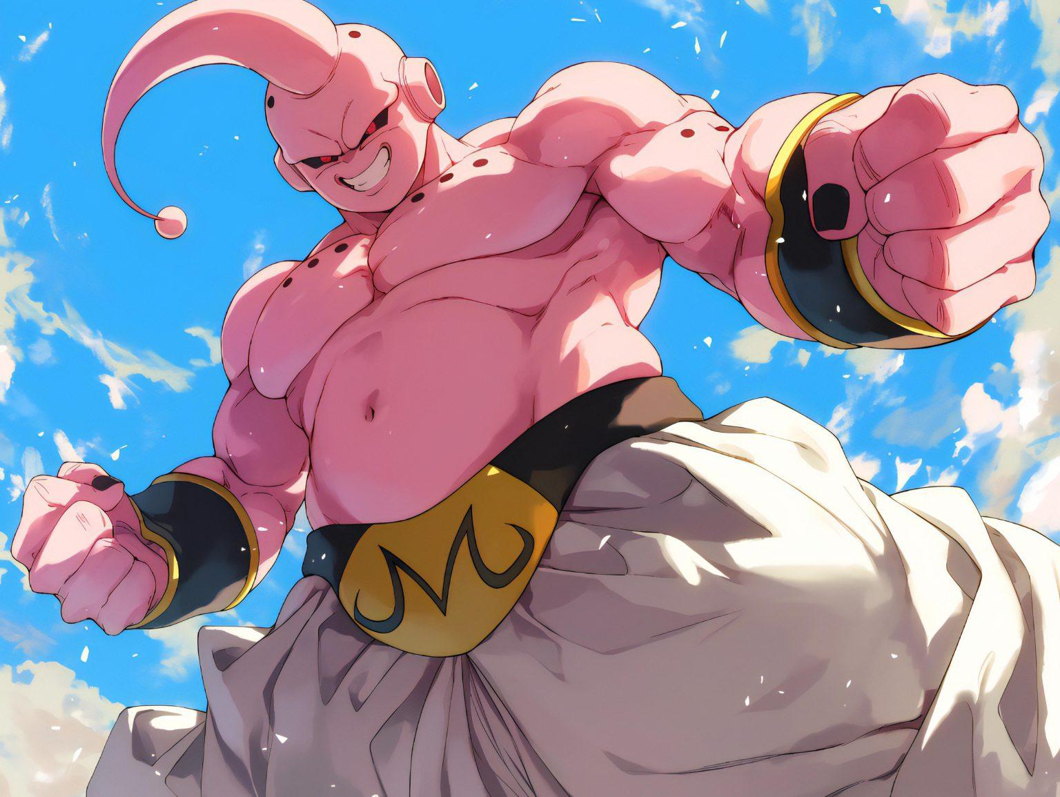 A majin buu dbz wallpaper 4k capturing Majin Buu’s high-energy movement and artistic elements.