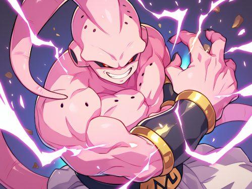 A majin buu wallpaper showcasing his intense energy and artistic details in a bold composition.