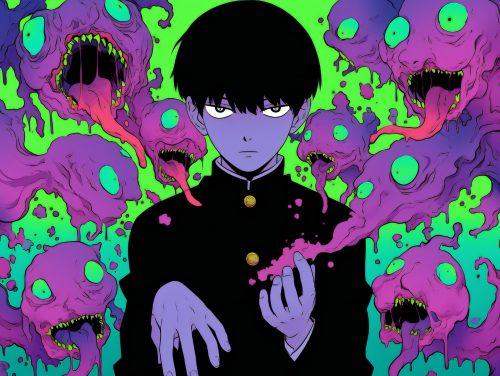 An energetic mob psycho wallpaper with bold colors.