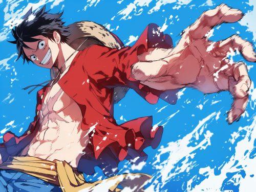 monkey d luffy infront of a large blue background surrounded by clouds