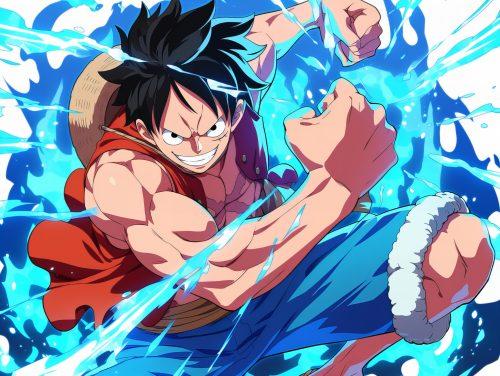 monkey d luffy flexing his muscles infront of a blue aura