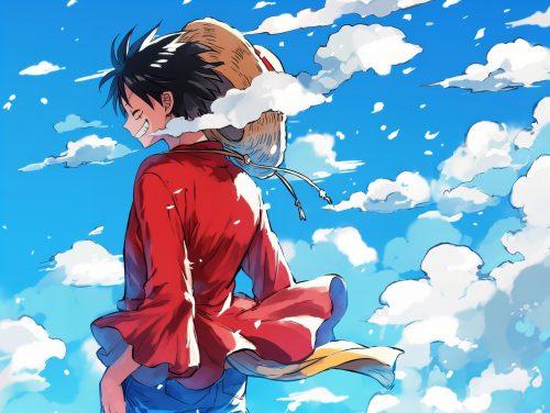 monkey d luffy standing onfront of a huge blue sky surrounded by clouds