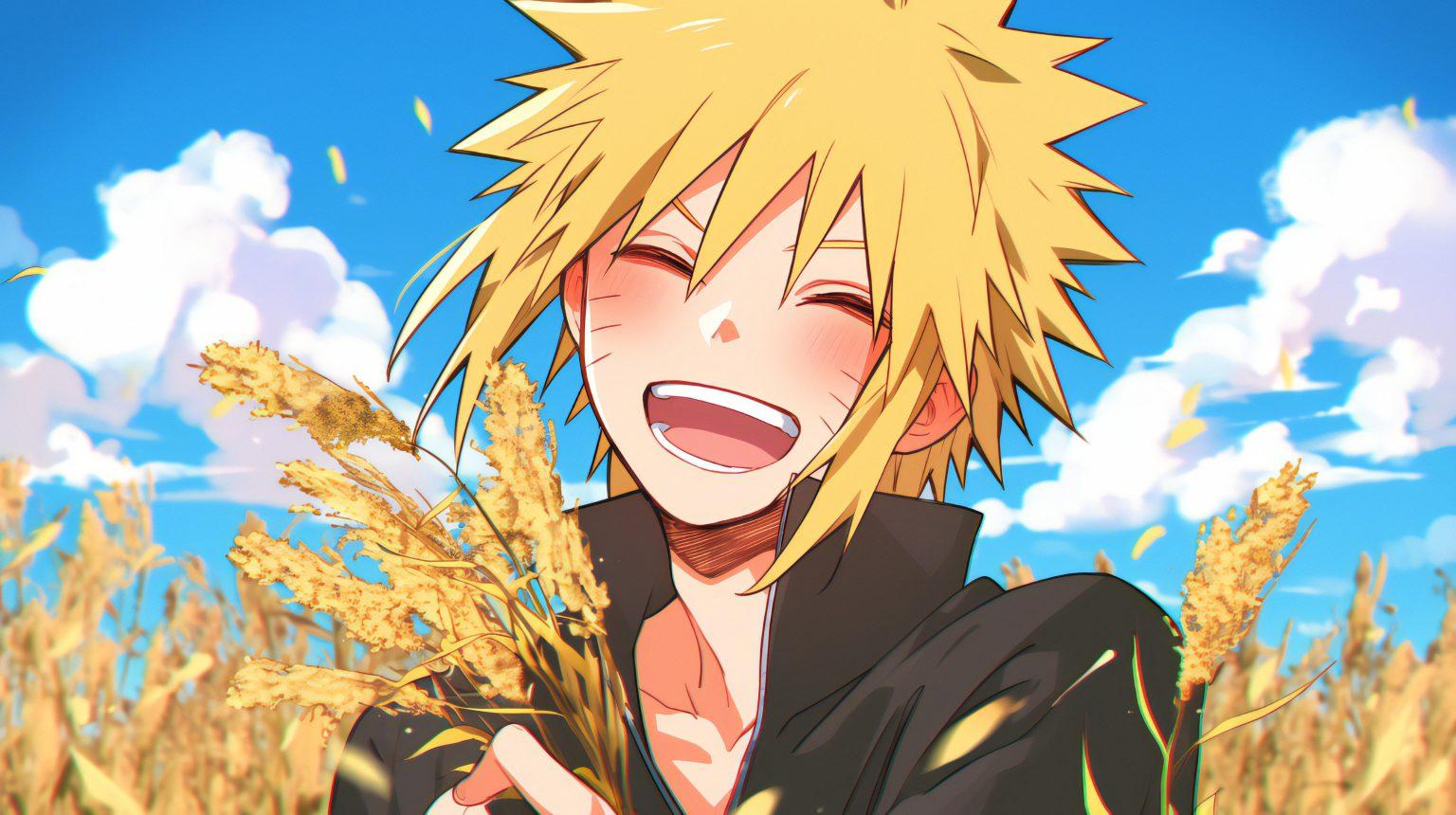 naruto with the sky behind him smiling with wheat flower