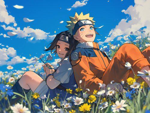 naruto and sasuke sitting on a hill with flowers