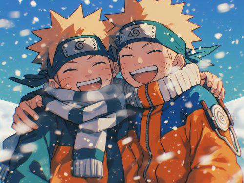 2 naruto clones happy hugging in the snow