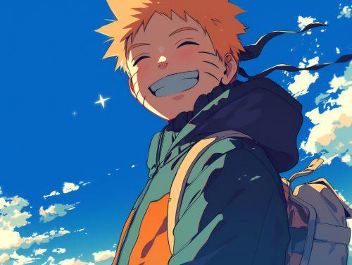 anime naruto smilling with a blue sky behind