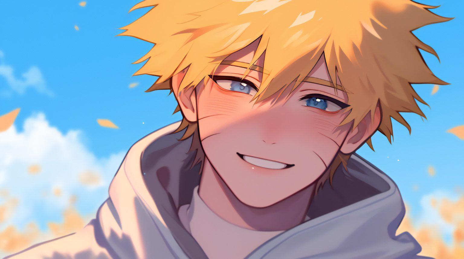 naruto with a confused smile wearing white clothes with sand and sky in the background