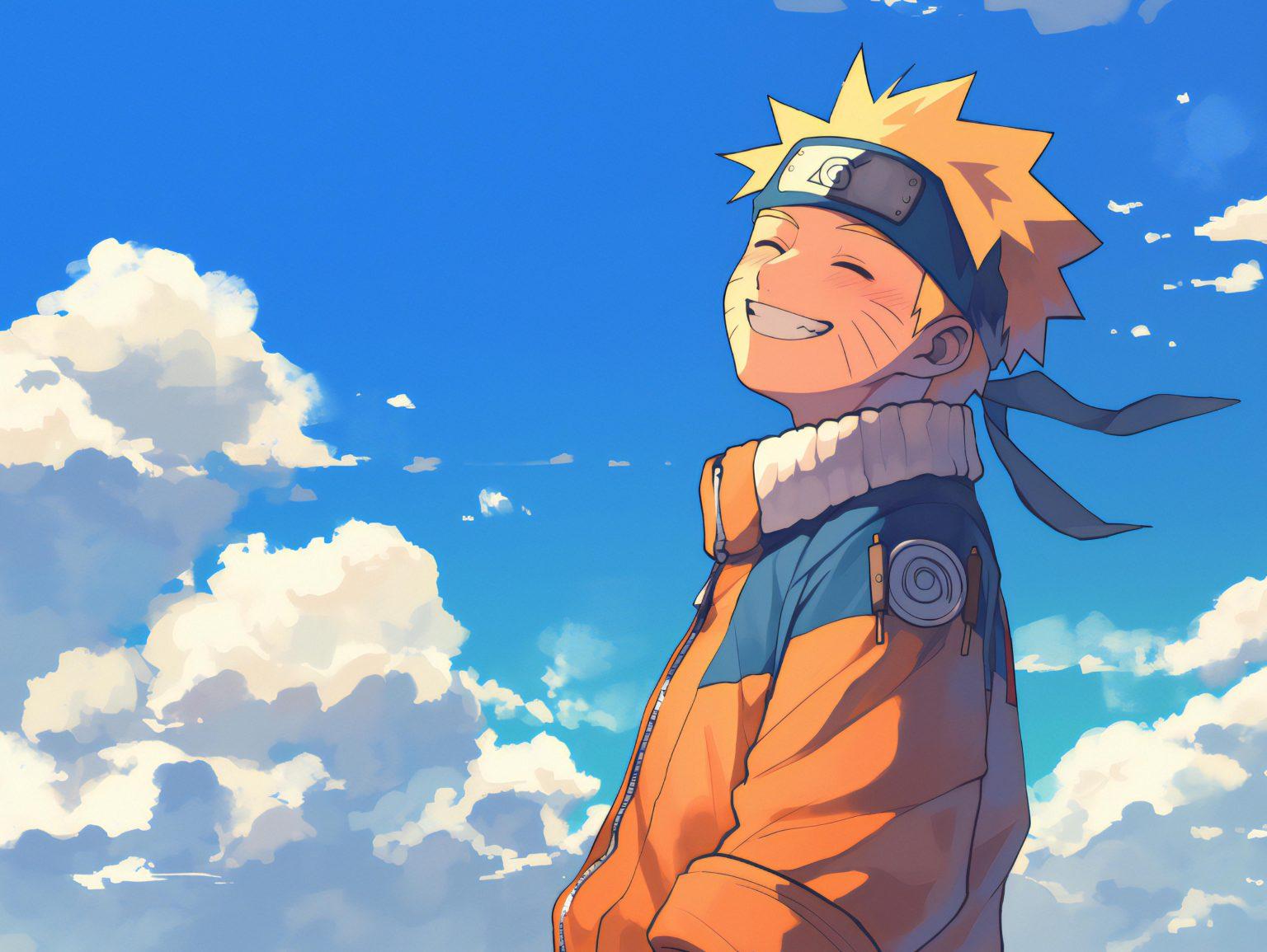 happy naruto with his orange clothes with clue sky and clouds behind