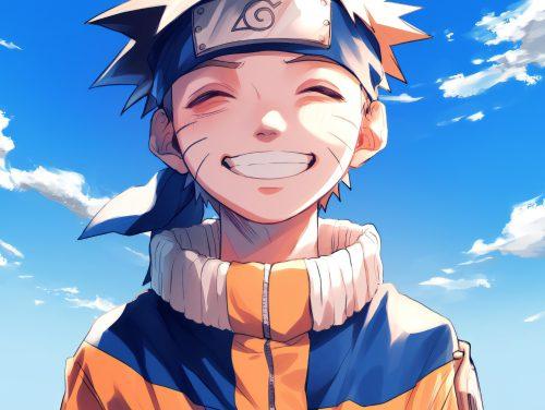 naruto super happy with blue sky and clouds behind him