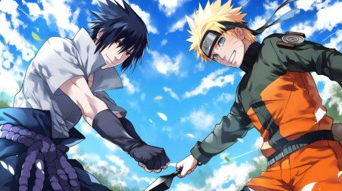 naruto and sasuke smiling as they fight with the sky and nature behind them