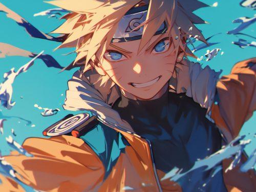 naruto fighting infront of an aqua background while happy