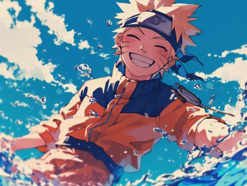 naruto with a big smile on his face infront of an ocean blue sky background