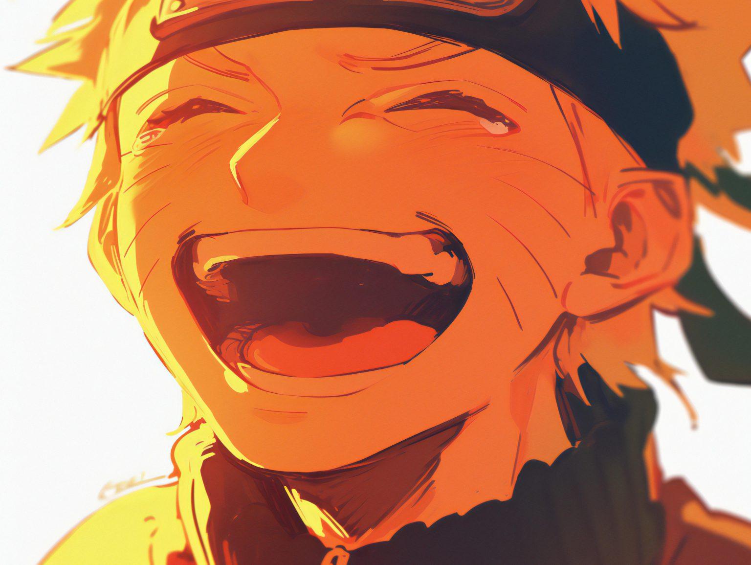 naruto in a harsh yellow light crying from laghing so much on a white background
