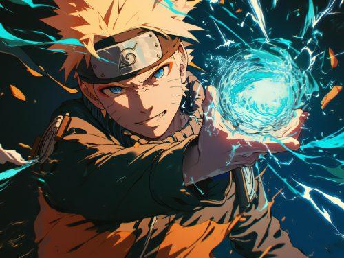 ona dark background is naruto holding a rasengan as he smiles