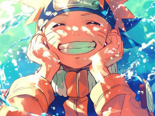 naruto holding his head as he has a super big smile surrounded by water