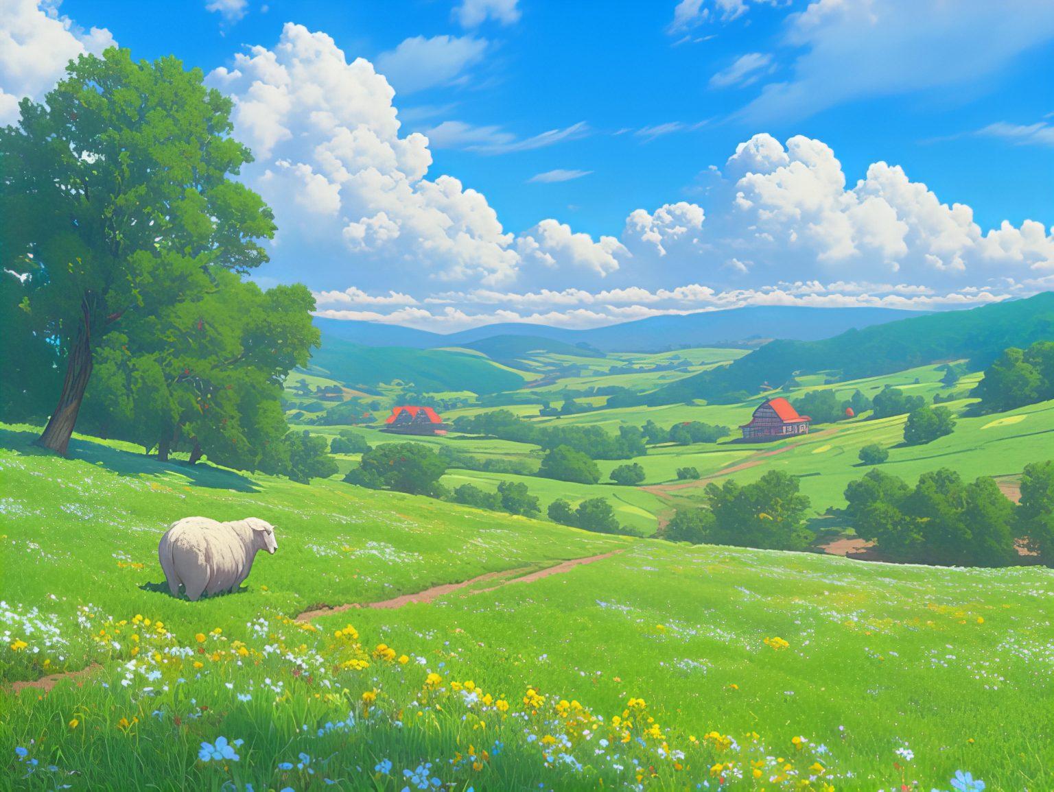 A cheerful cartoon-style landscape with rolling green meadows and a bright sky.