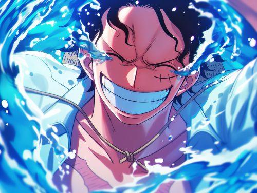 monkey d luffy with a big smile on his face surrounded by water wearing white