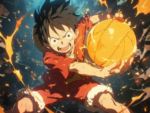 luffy from onepice playing with a basketball with a dark background