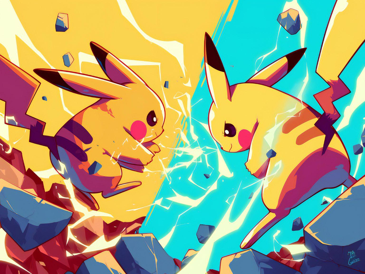 Pikachu with a fierce determined look, ready for action in this intense anime wallpaper.