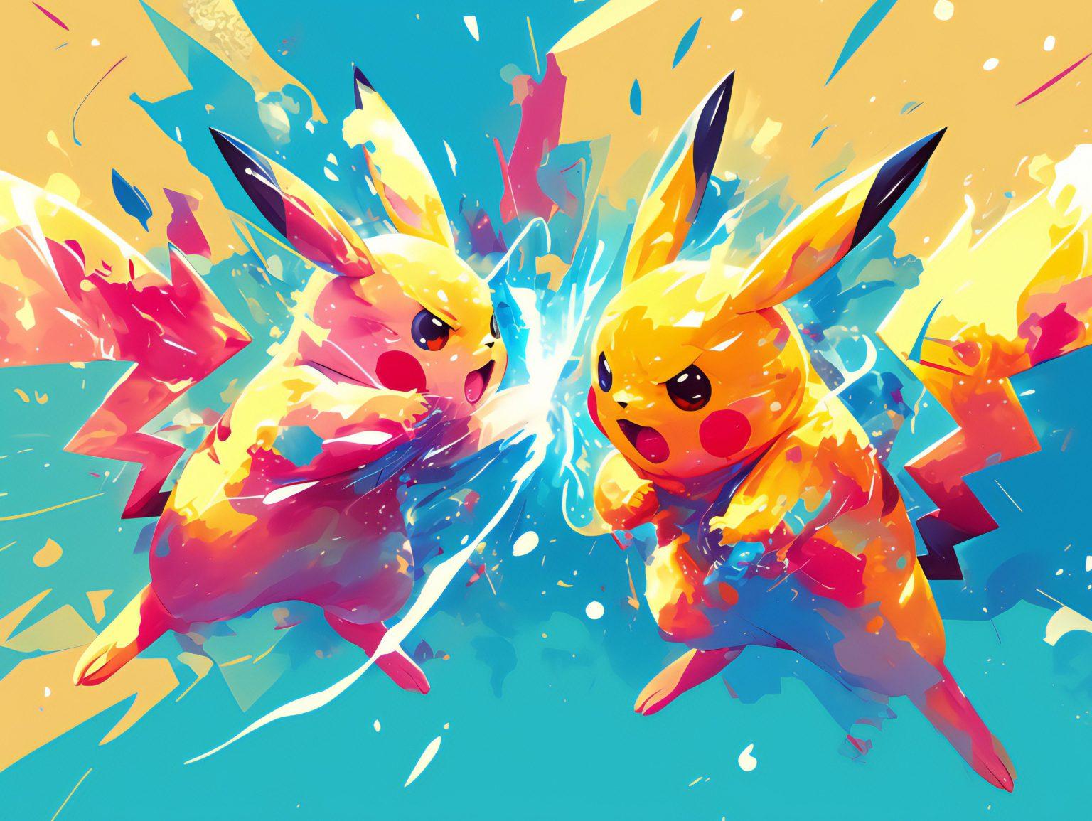 Pikachu fighting pikachu, surrounded by lush nature in this breathtaking anime wallpaper.