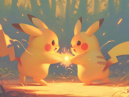 Pikachu standing beside a pikachu, showcasing their strong bond in this nostalgic anime wallpaper.