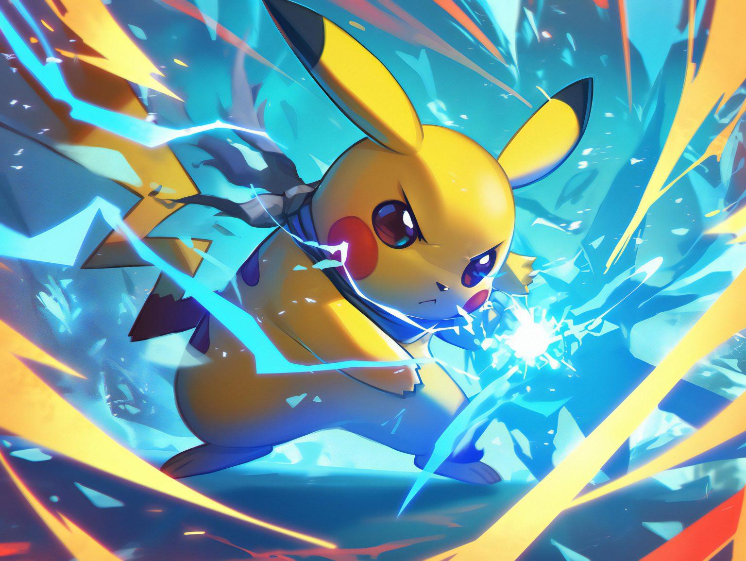 Pikachu wallpaper floating in outer space surrounded by lightning in galaxy wallpaper style.