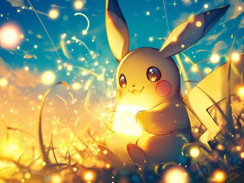 Pikachu using Thunderbolt, sending out a powerful bolt of electricity in an epic anime wallpaper.