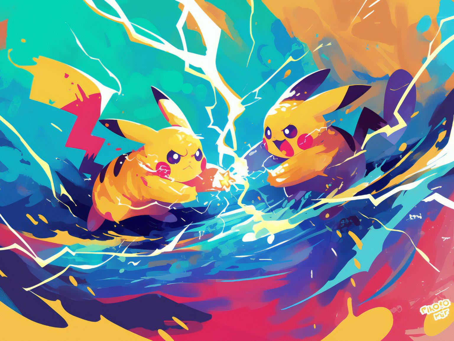 Pikachu wallpaper standing beneath a glowing aurora borealis in colorful wallpaper style.