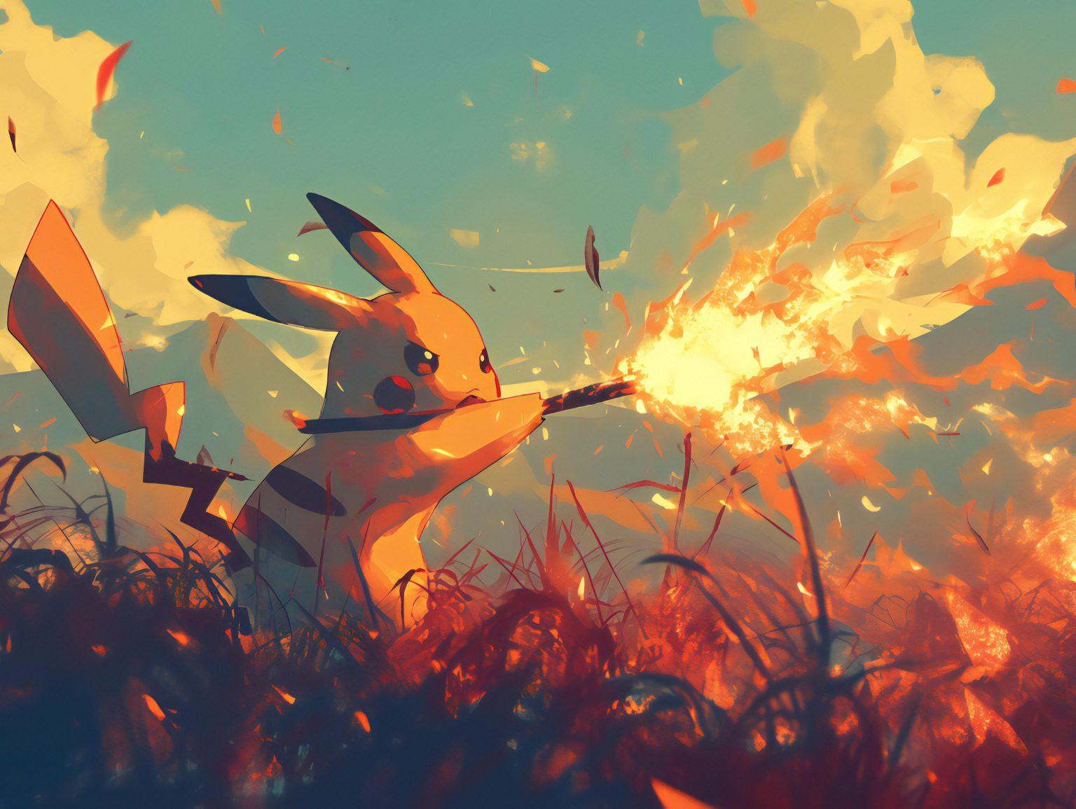 Pikachu wallpaper watching a beautiful sunset in nature wallpaper style.