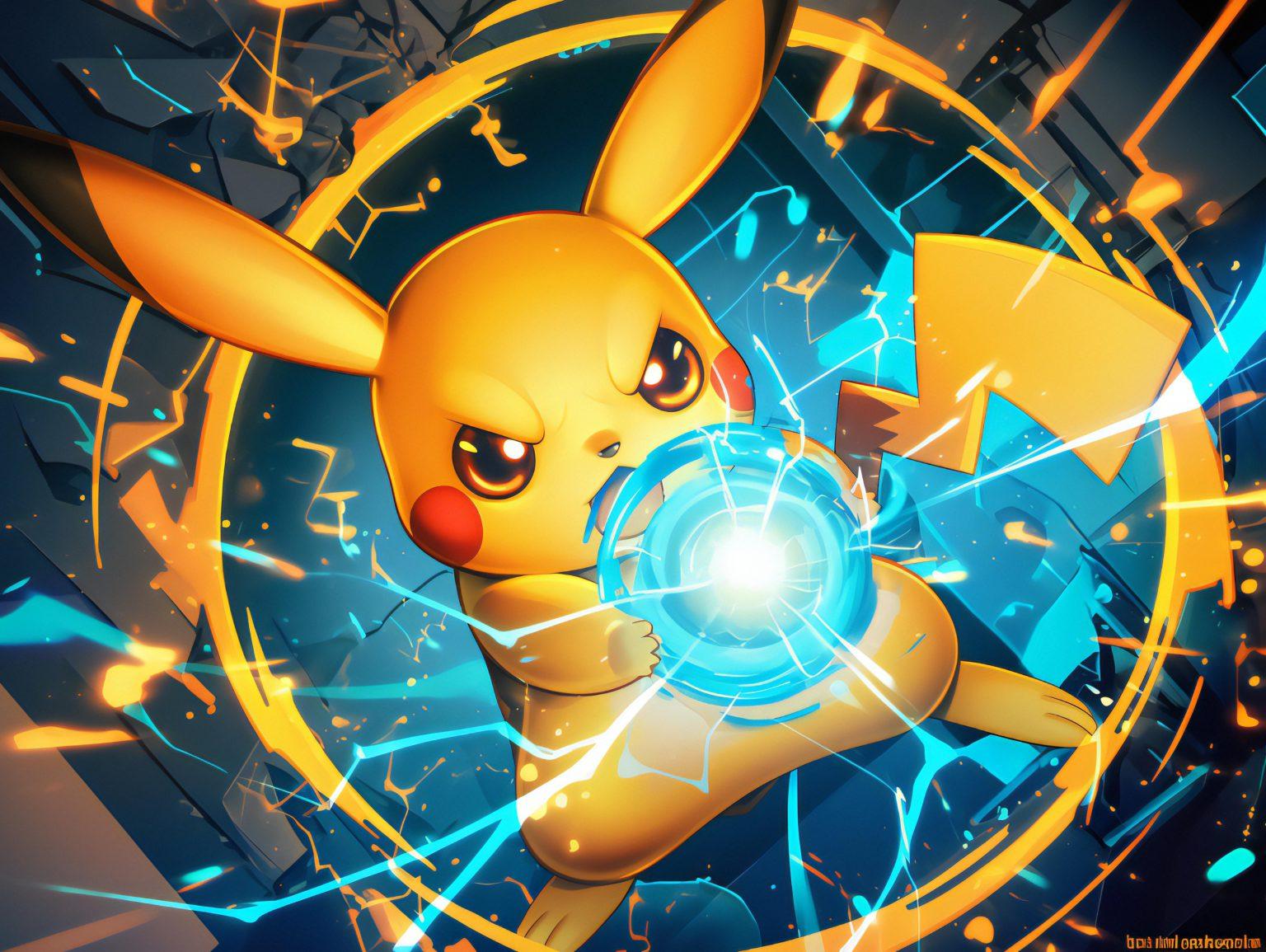 Pikachu wallpaper floating in space with colorful aura in happy wallpaper style.