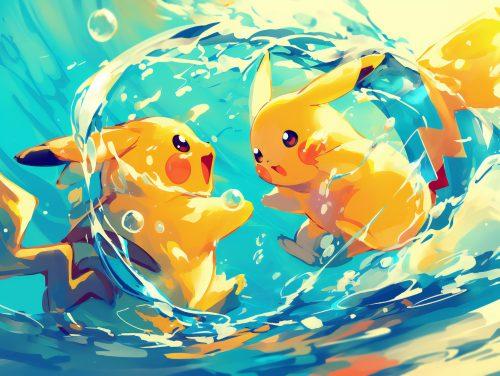 Pikachu wallpaper under a glowing full moon in water wallpaper style.