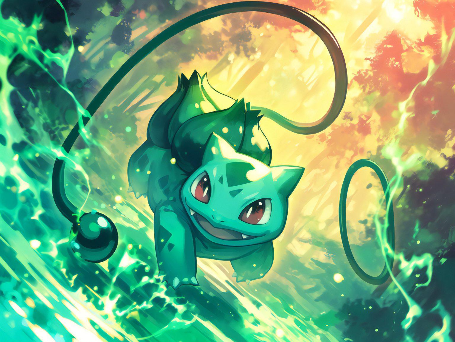 A pokemon bulbasaur wallpaper featuring an enchanting glow and vibrant artistic details.