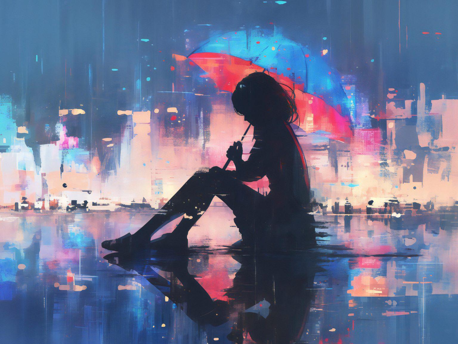A poignant alone sad anime wallpaper with a reflective atmosphere and gentle colors.