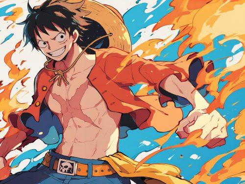 luffy in the sky surrounded by fire with he smiles