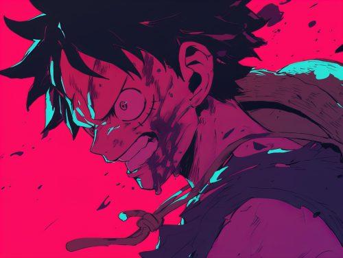 devastated luffy bruised ad bloody on a pink background