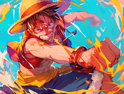 luffy fire fire on his fist with a nice aqua background