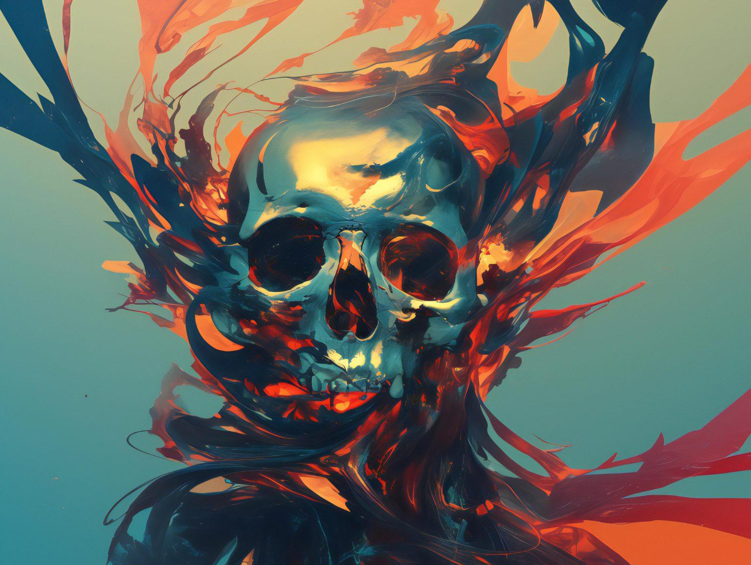 A mystical skull surrounded by pulsating waves of ethereal blue and purple hues.