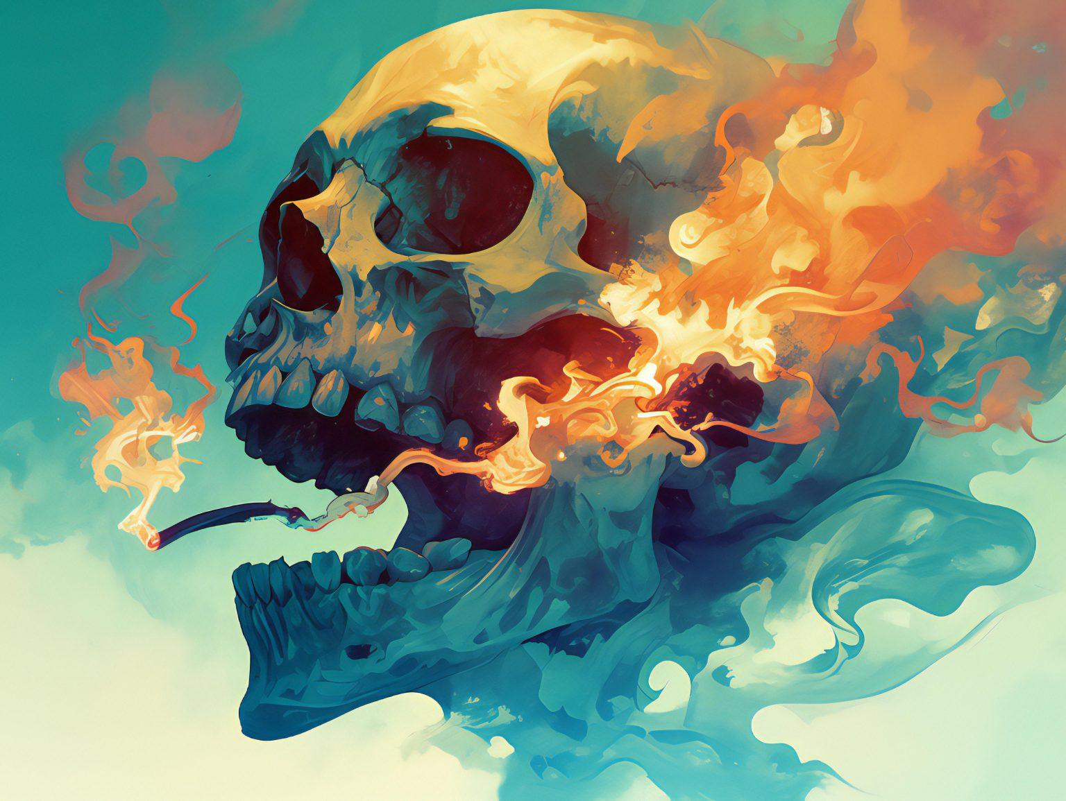 A ghostly skull illuminated by spectral light, drifting through a vibrant, abstract space.