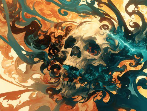 A luminous skull emerging from a sea of swirling, electric-colored fog.