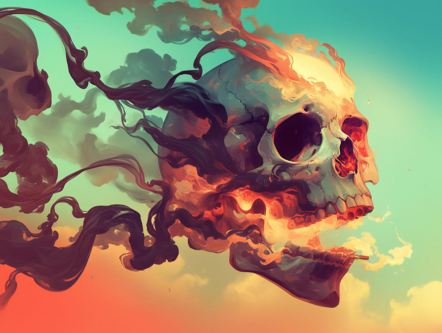 A mesmerizing skull dissolving into abstract, multicolored streaks of light.