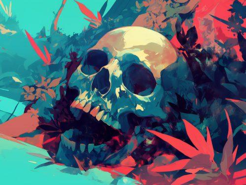 A glowing skull infused with radiant energy, floating in a surreal, colorful void.