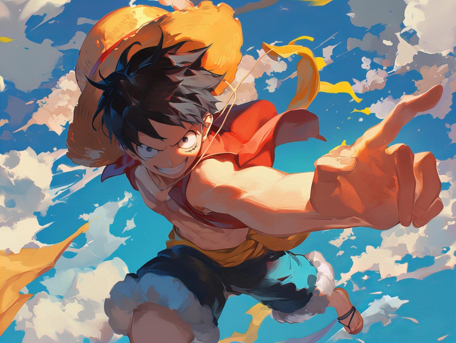 super luffy looking like a savage jumping in the sky with a beautiful cloudy background