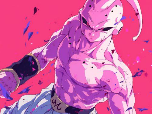 A majin buu wallpaper featuring his intense energy and powerful stance in a bold artistic composition.