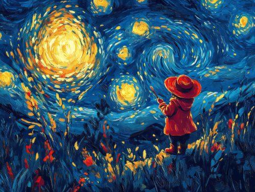 red van gogh painting featuring a blue starry sky with a red girl infront