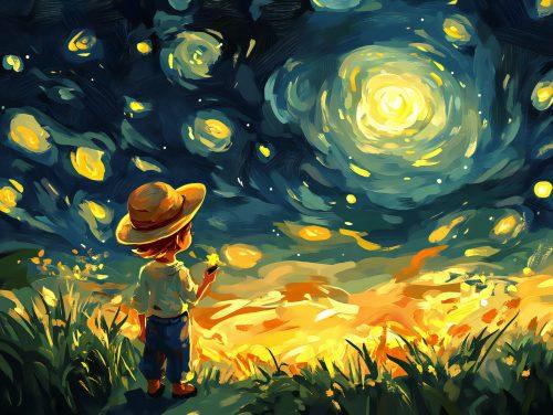 red van gogh painting featuring starry night with a child wearing a straw hat in a landscape