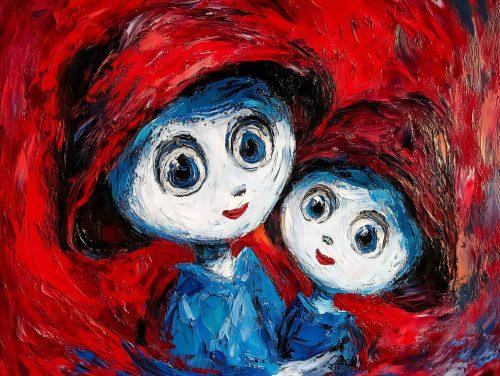 red van gogh painting featuring mother and daughter ina grungy background with white faces