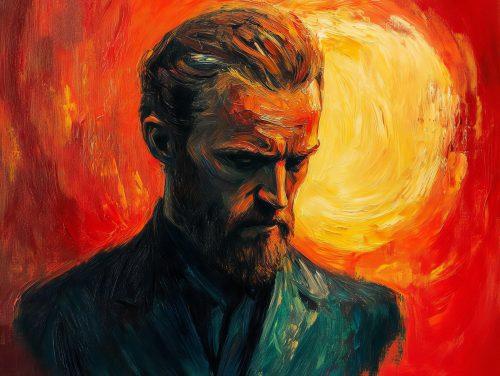 red van gogh painting featuring man in a suit infront of a yellow sun