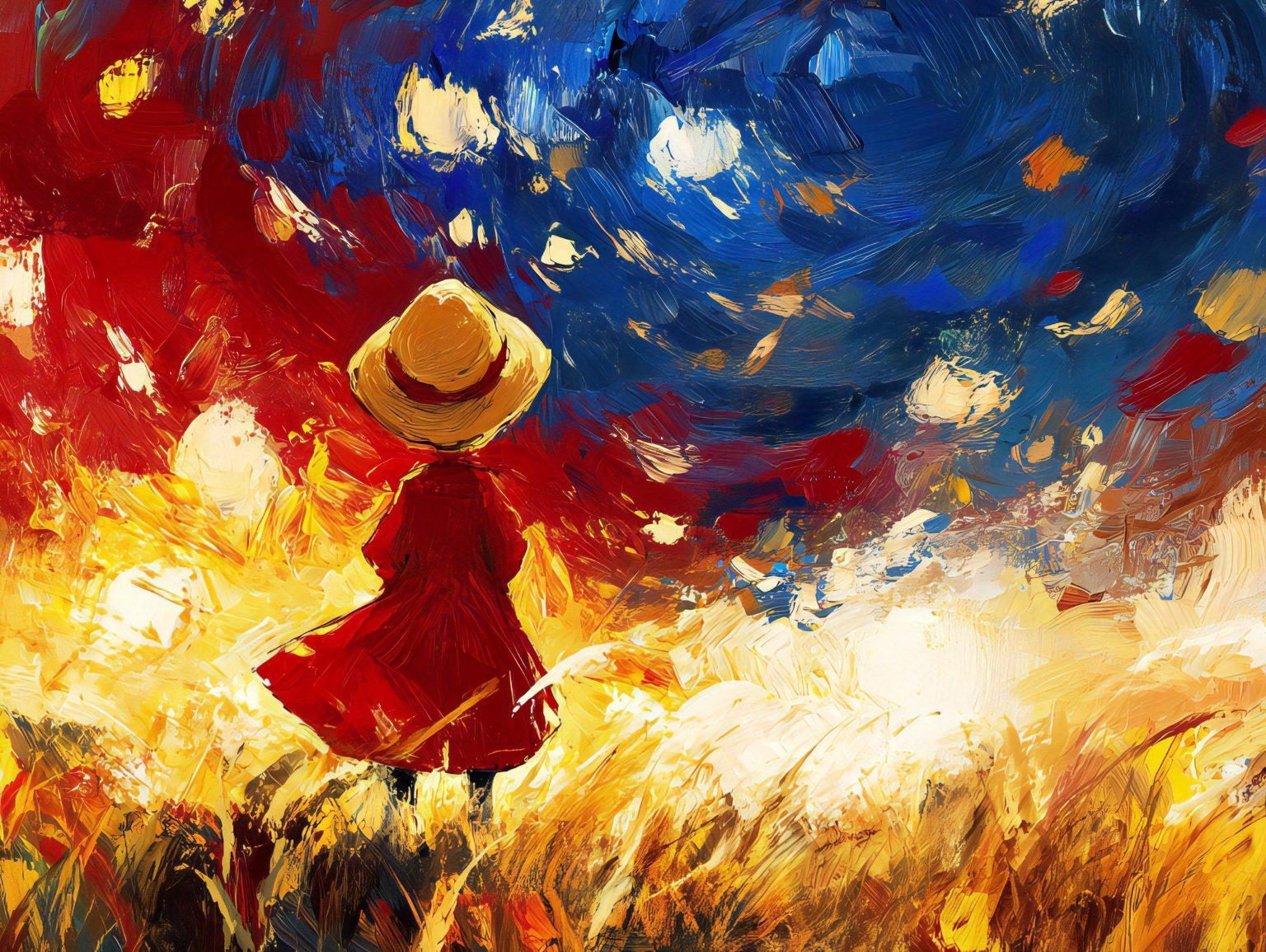 red van gogh painting featuring child in straw hat looking at the sky in blue and yellow