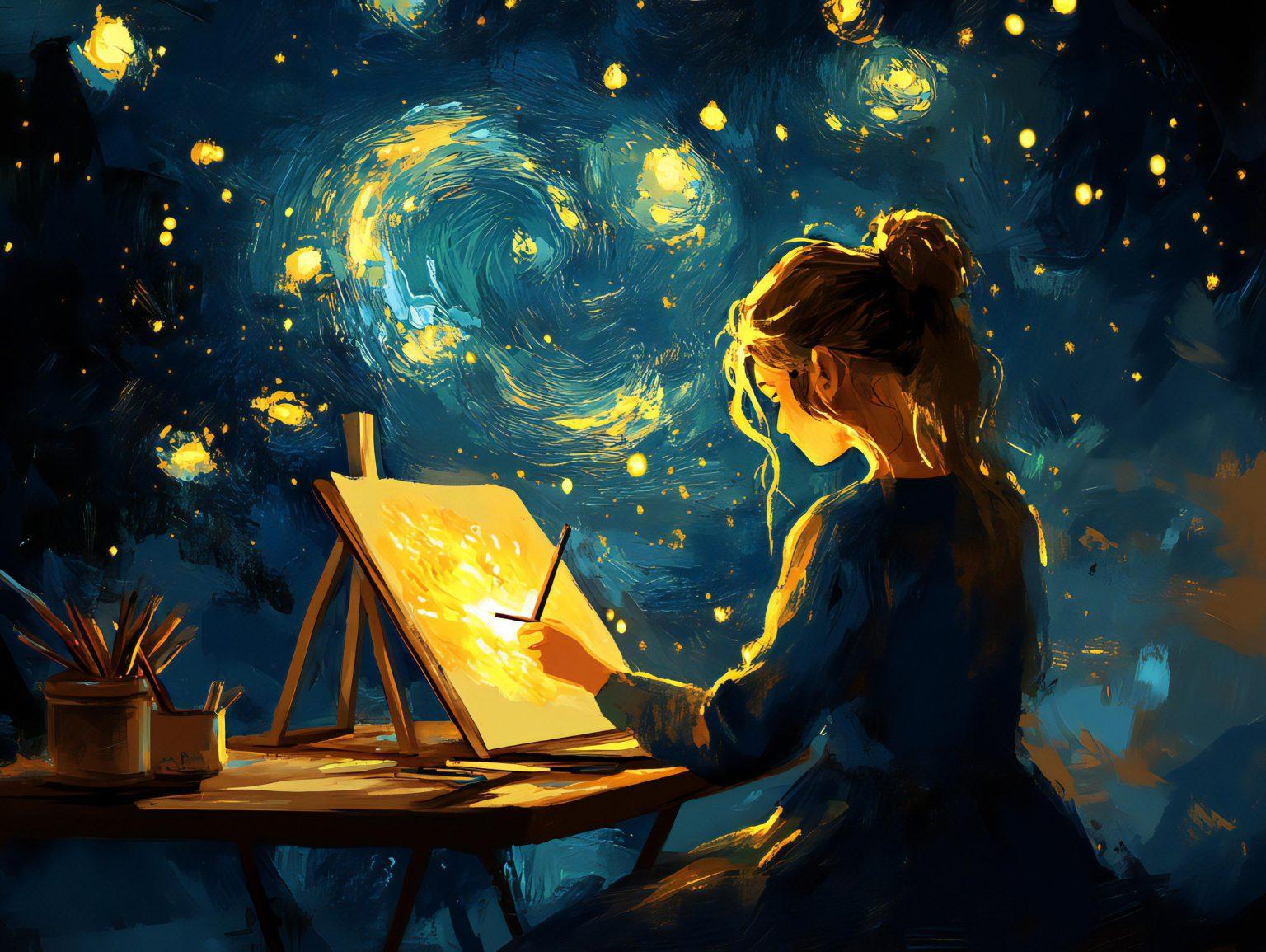 blue van gogh painting featuring a woman painting infront of a blue starry night