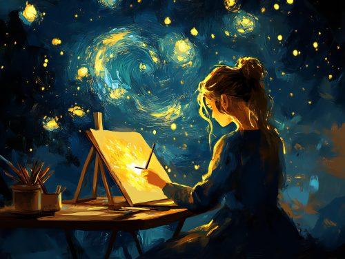 blue van gogh painting featuring a woman painting infront of a blue starry night